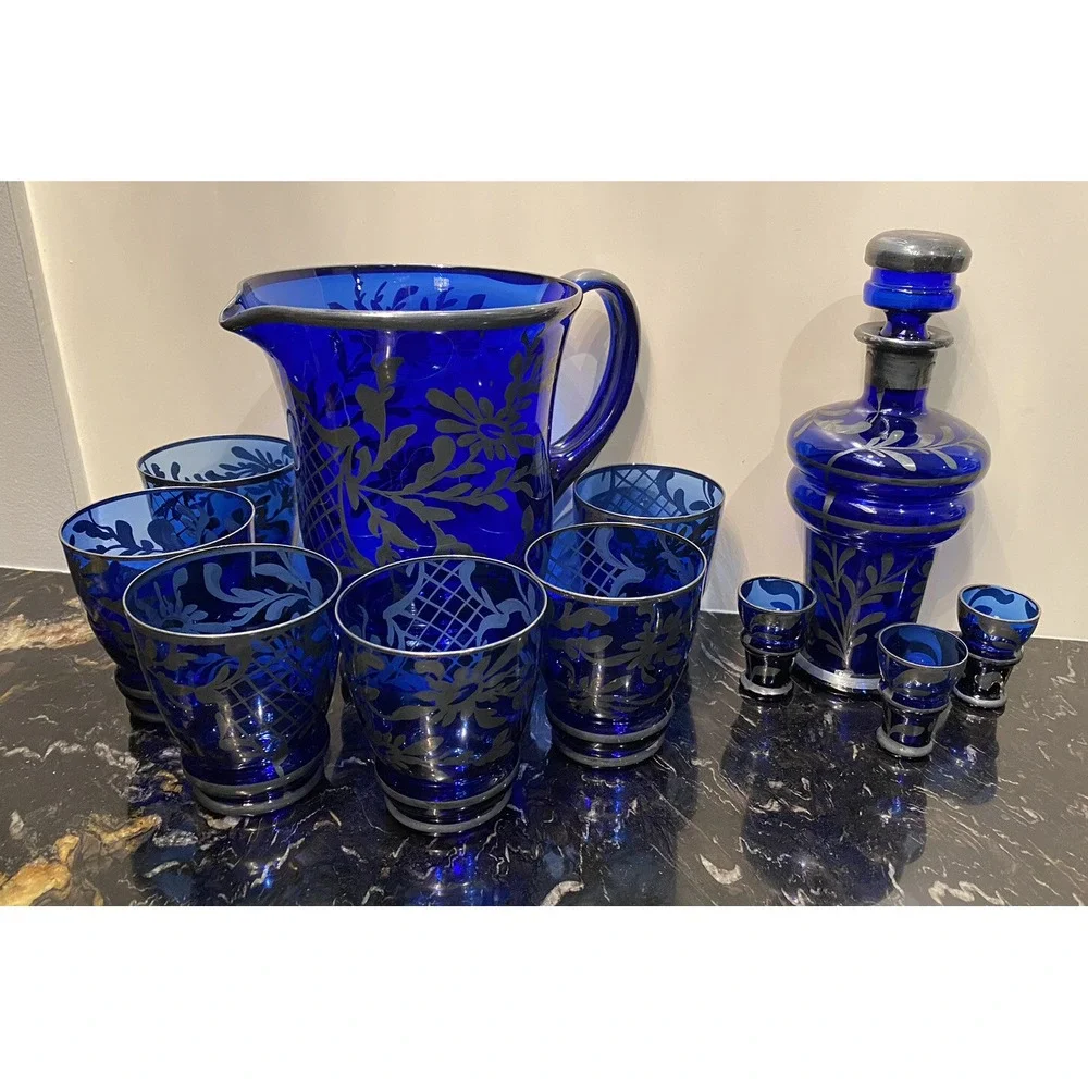 Antique Cobalt Blue Glass & Sterling Silver Overlay Pitcher, Decanter, Glasses
